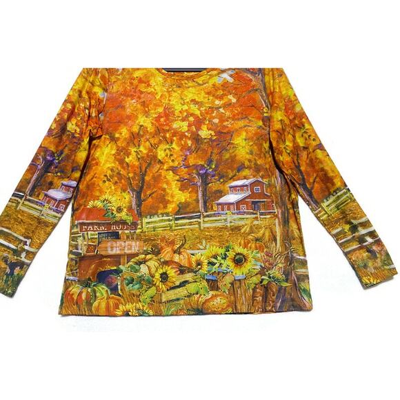 Gloria Vanderbilt Women's Medium Top Rhinestones in Trees Fall Farm Scene - Picture 7 of 7